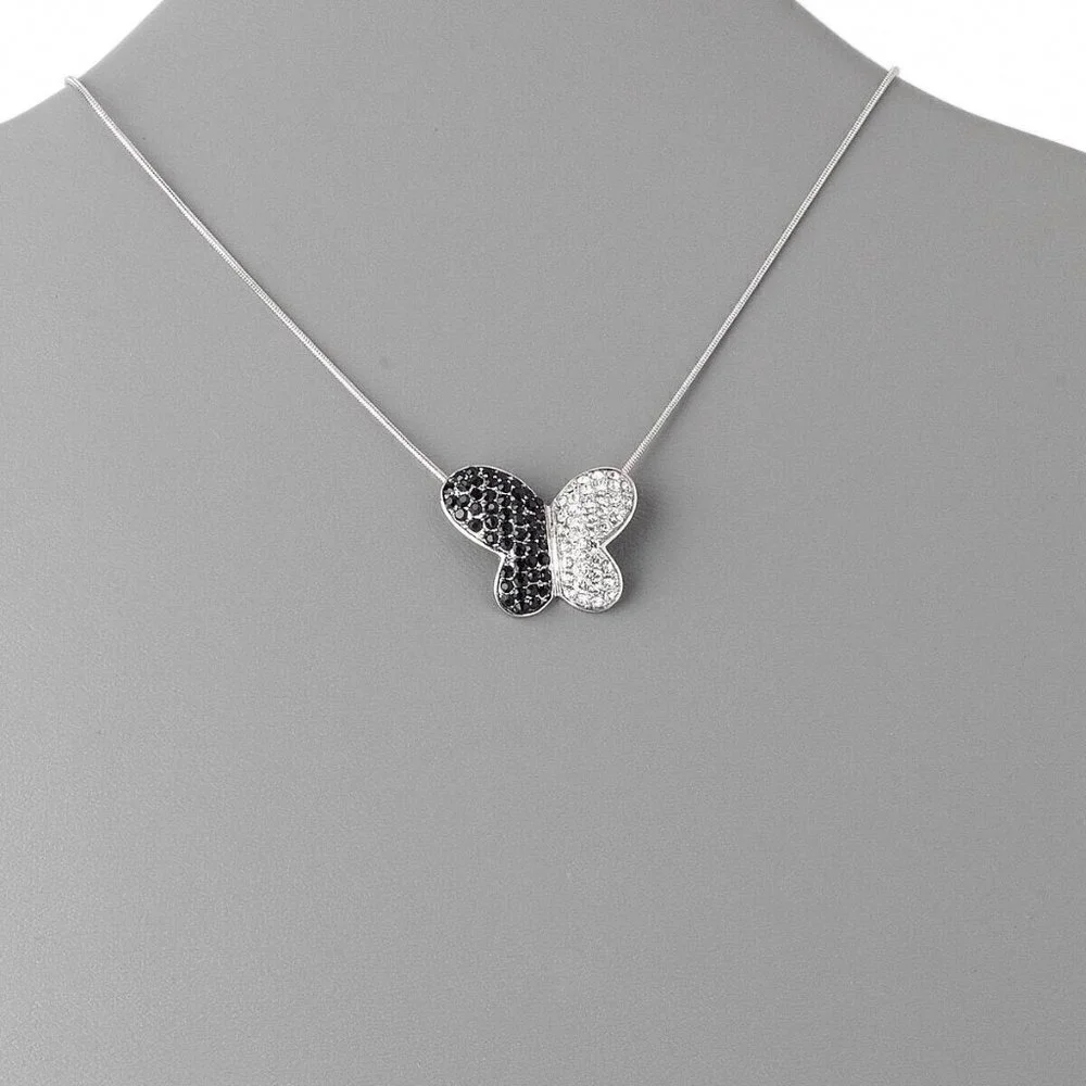 Elegant Austrian Crystal Black Clear Rhinestone Round Butterfly Pendant Necklace